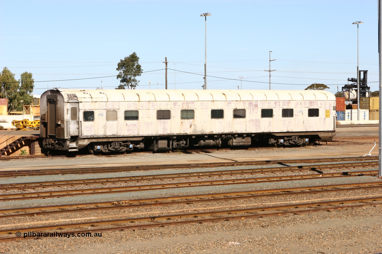 070529 9391
West Kalgoorlie, ECA 162 built by Comeng NSW in 1964 for Commonwealth Railways as a BRE type second class, air conditioned, twin berth staggered corridor steel sleeping car BRE 162. Converted to ECA type crew car in 1991. Seen here under GWA ownership. Finally it was scrapped at Dry Creek in December 2014.
Keywords: ECA-type;ECA162;Comeng-NSW;BRE-type;BRE162;