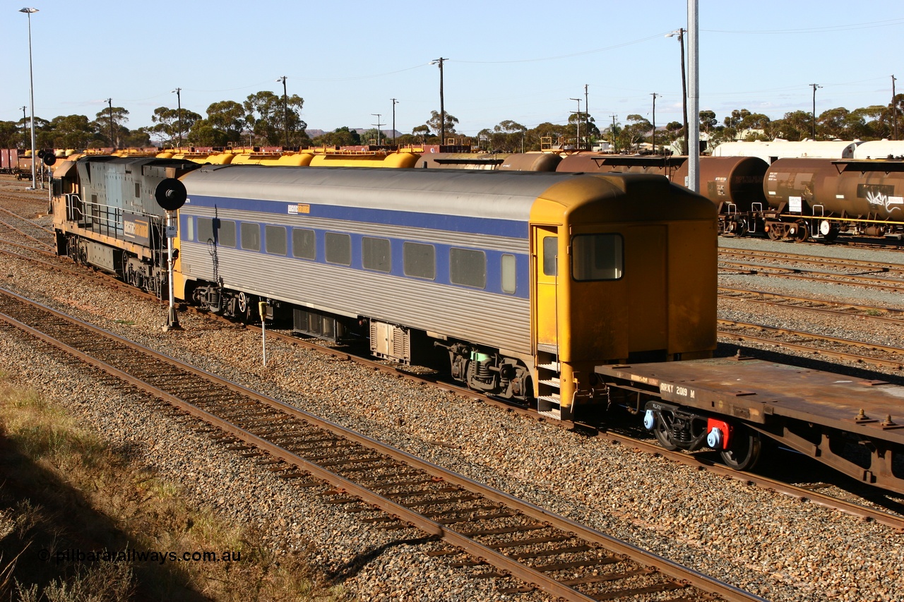 070529 9422
West Kalgoorlie; Pacific National RZDY type crew accommodation car RZDY 106 'Bittern' on train 3PW originally built by SAR Islington Workshops as a Bluebird railcar driving trailer in 1958 named 'Britten', in 1986 numbered 106, in 1990 converted to locomotive hauled and coded as BR type BR 106, written off in 1995 and sold off. In 1998 it was numbered 812. It was owned by a number of owners and then CFCLA. In 2006 converted to a Pacific National crew car.
Keywords: RZDY-type;RZDY106;SAR-Islington-WA;Bluebird;106;BR106;812;