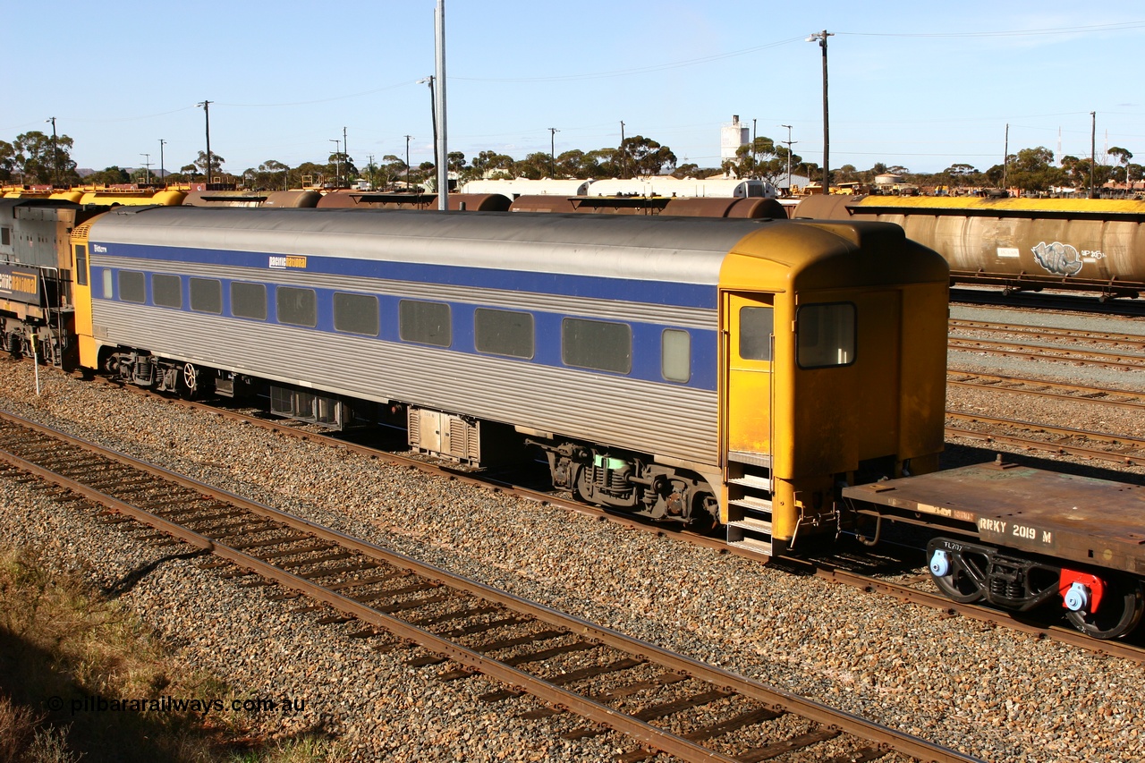 070529 9423
West Kalgoorlie; Pacific National RZDY type crew accommodation car RZDY 106 'Bittern' on train 3PW originally built by SAR Islington Workshops as a Bluebird railcar driving trailer in 1958 named 'Britten', in 1986 numbered 106, in 1990 converted to locomotive hauled and coded as BR type BR 106, written off in 1995 and sold off. In 1998 it was numbered 812. It was owned by a number of owners and then CFCLA. In 2006 converted to a Pacific National crew car.
Keywords: RZDY-type;RZDY106;SAR-Islington-WA;Bluebird;106;BR106;812;