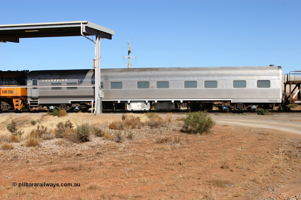 070530 9546
Parkeston, Pacific National FAM type crew accommodation coach FAM 2389 on train 3PM6, built for the NSWGR by Comeng NSW in 1976 as part of a batch of ten FAM type twinette sleeper cars, FAM 2389 was also the Lithgow breakdown train accommodation car for a time, converted to a crew car by Bluebird Rail at Islington in September 2005.
Keywords: FAM-type;FAM2389;Comeng-NSW;