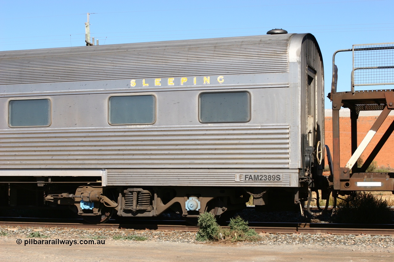 070530 9547
Parkeston, Pacific National FAM type crew accommodation coach FAM 2389 on train 3PM6, built for the NSWGR by Comeng NSW in 1976 as part of a batch of ten FAM type twinette sleeper cars, FAM 2389 was also the Lithgow breakdown train accommodation car for a time, converted to a crew car by Bluebird Rail at Islington in September 2005.
Keywords: FAM-type;FAM2389;Comeng-NSW;