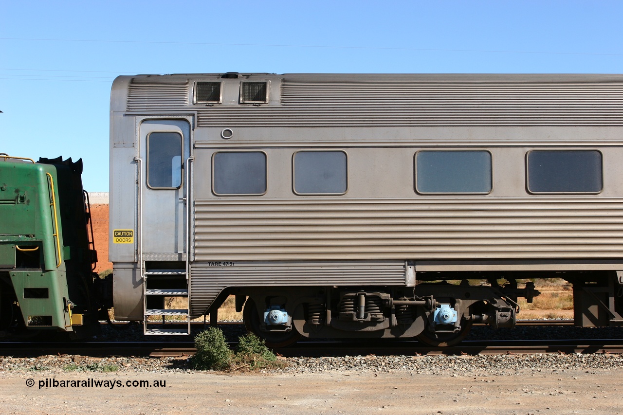 070531 9710
Parkeston, Pacific National RZAY type crew accommodation car RZAY 985 on train 4PM6 was built by Comeng NSW as an ARJ type stainless steel air conditioned first class roomette sleeping car ARJ 285 in 1972. Allocated to the Indian Pacific Joint Stock in 1974 and renumbered to ARJ 985, sold to National Rail and converted to crew car in 1997 by AN Port Augusta Workshops.
Keywords: RZAY-class;RZAY985;Comeng-NSW;ARJ-class;ARJ285;