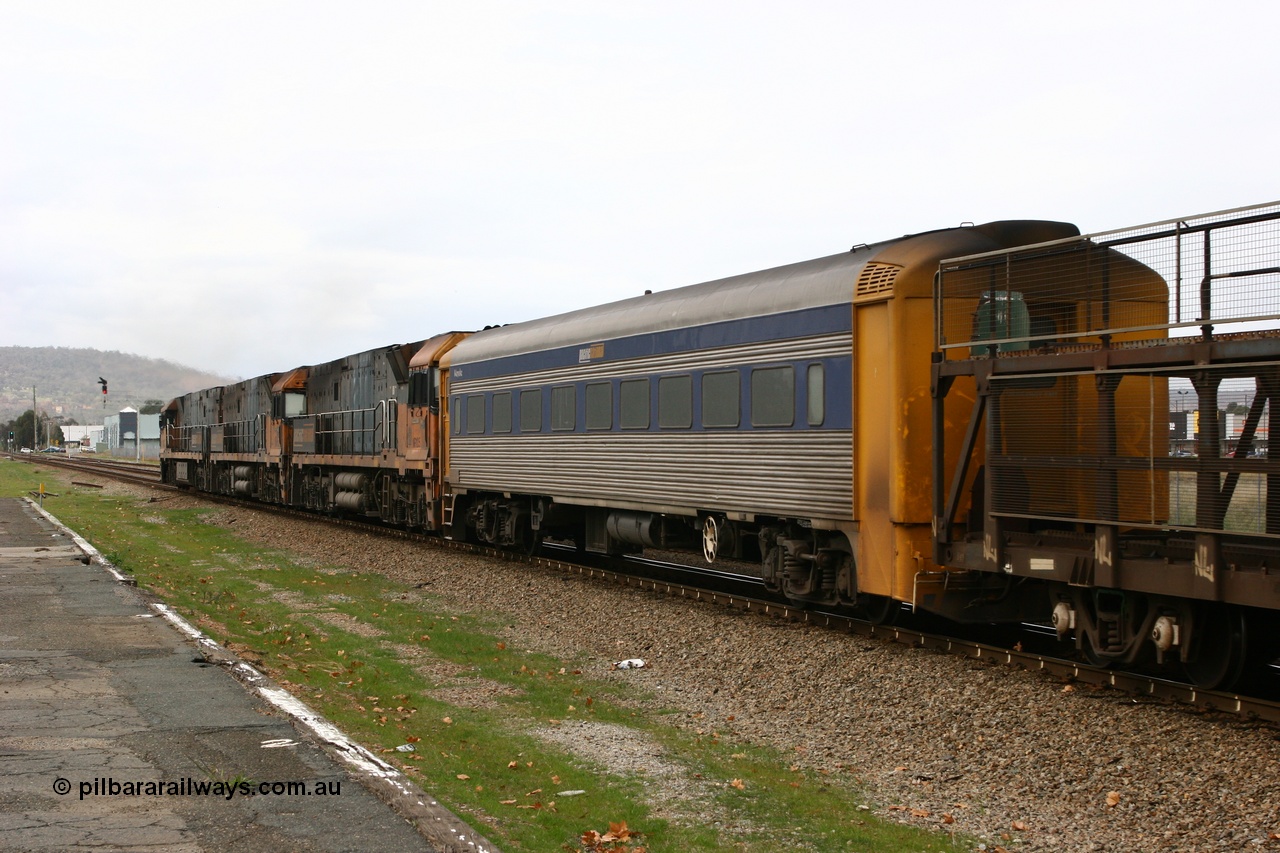 070608 0153
Midland, Pacific National RZDY type crew accommodation car RZDY 100 'MOPOKE', started life as a Bluebird railcar driving trailer built by South Australian Railways Islington Workshops in 1955 as Mopoke. In 1986 coded 100, then to 107, in 2001 renumbered 100 and named 'Cabernet'. Converted to crew car for Pacific National as RZDY in 2006 at Islington workshops.
Keywords: RZDY-type;RZDY100;SAR-Islington-WS;Bluebird;Mopoke;Cabernet;