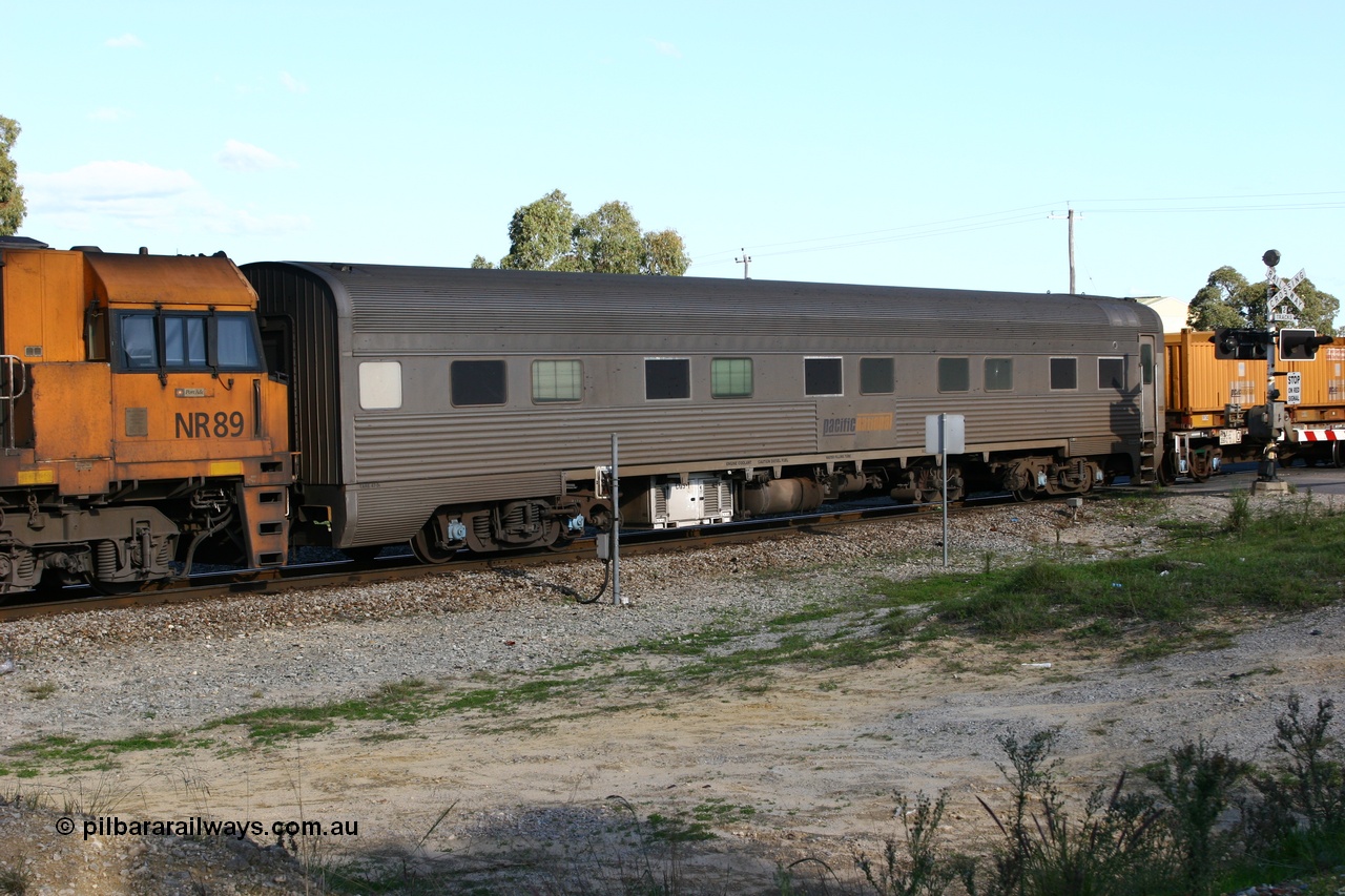070609 0225
Kewdale, Daddo Road, Pacific National RZAY type crew accommodation coach RZAY 986 on train 7PS6, originally built by Comeng NSW in 1972 as a stainless steel air conditioned first class roomette sleeping car, renumbered to 986 for Indian Pacific service, sold to National Rail Corporation in 1997 and converted to a crew car.
Keywords: RZAY-type;RZAY986;Comeng-NSW;ARJ-type;ARJ286;ARJ986;