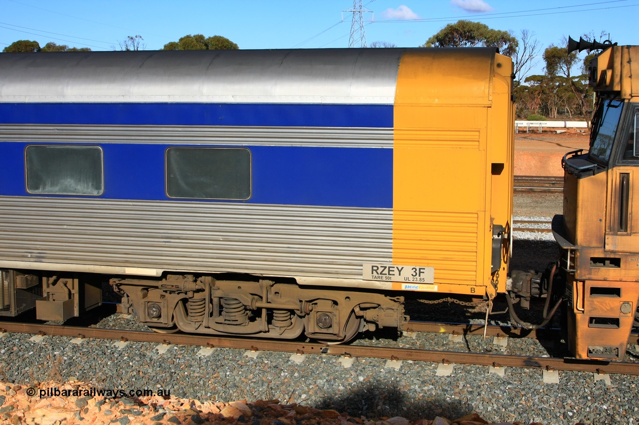 100601 8385
West Kalgoorlie, crew accommodation coach RZEY 3, handbrake end detail and number board view, built by South Australian Railways Islington Workshops in 1956 as Tolkini for The Overland, renamed to Malkari in 1957 then coded JTA 3 in 1987, converted to crew coach in 2007 by Bluebird Rail Operations.
Keywords: RZEY-type;RZEY3;SAR-Islington-WS;JTA-type;JTA3;Tolkini;Malkari;