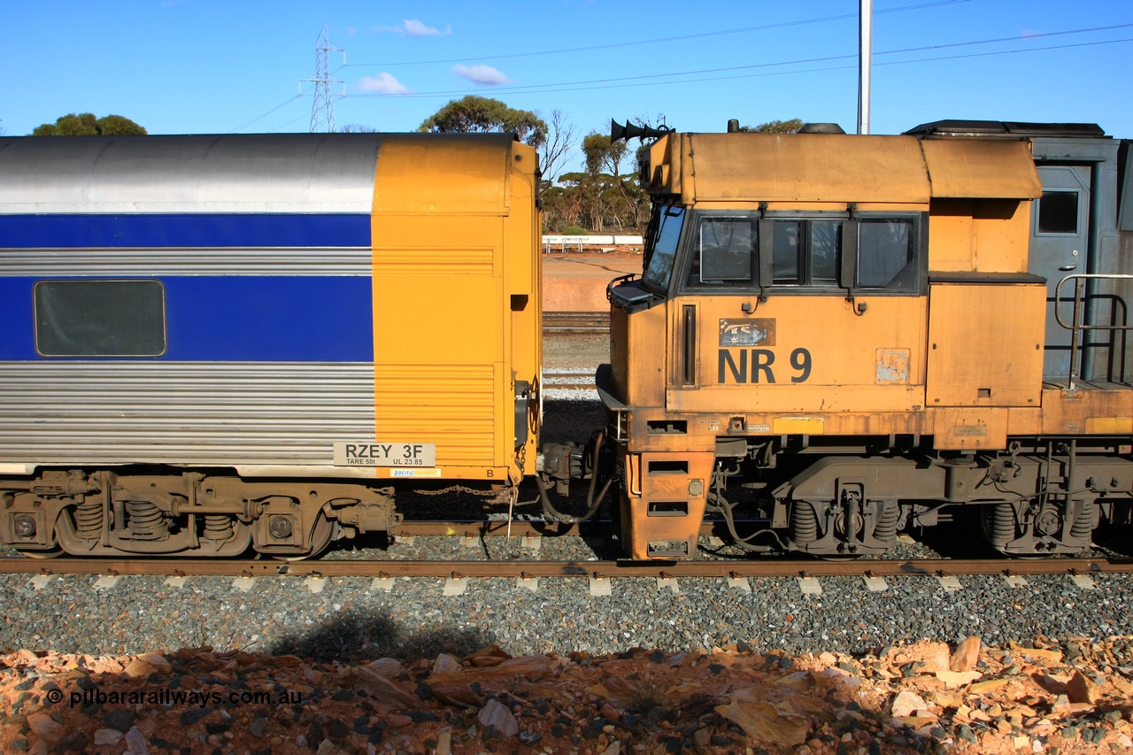 100601 8386
West Kalgoorlie, crew accommodation coach RZEY 3, handbrake end detail and number board view, built by South Australian Railways Islington Workshops in 1956 as Tolkini for The Overland, renamed to Malkari in 1957 then coded JTA 3 in 1987, converted to crew coach in 2007 by Bluebird Rail Operations.
Keywords: RZEY-type;RZEY3;SAR-Islington-WS;JTA-type;JTA3;Tolkini;Malkari;
