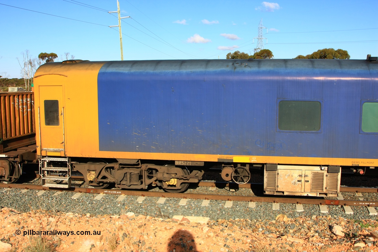 100601 8388
West Kalgoorlie, Pacific National BRS type crew accommodation coach BRS 221, originally built by Victorian Railways Newport Workshops in November 1940 as an AS type first class sitting car for the Spirit of Progress as AS 6, in April 1983 converted to a combined sitting accommodation and a mini refreshment service as BRS type BRS 1, then in September 1985 renumbered to BRS 221. Sold to West Coast Railway mid 1990s, converted to crew car after 2004.
Keywords: BRS-type;BRS221;Victorian-Railways-Newport-WS;AS-type;AS6;BRS-type;BRS1;