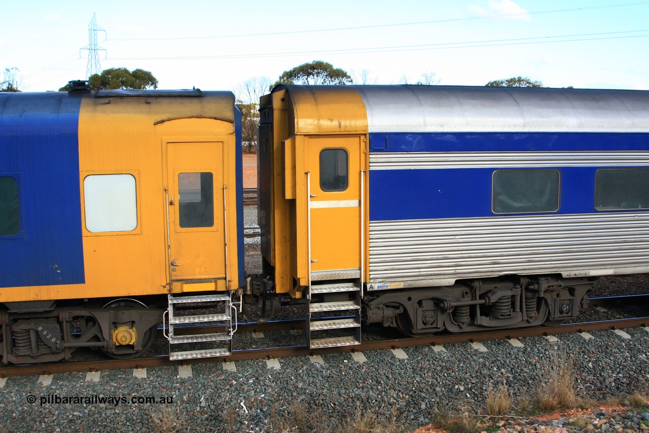 100601 8393
West Kalgoorlie, Pacific National BRS type crew accommodation coach BRS 221 coupled to RZEY 3. BRS 221was originally built by Victorian Railways Newport Workshops in November 1940 as an AS type first class sitting car for the Spirit of Progress as AS 6, in April 1983 converted to a combined sitting accommodation and a mini refreshment service as BRS type BRS 1, then in September 1985 renumbered to BRS 221. Sold to West Coast Railway mid 1990s, converted to crew car after 2004. RZEY 3, built by South Australian Railways Islington Workshops in 1956 as Tolkini for The Overland, renamed to Malkari in 1957 then coded JTA 3 in 1987, converted to crew coach in 2007 by Bluebird Rail Operations.
Keywords: BRS-type;BRS221;Victorian-Railways-Newport-WS;AS-type;AS6;BRS-type;BRS1;