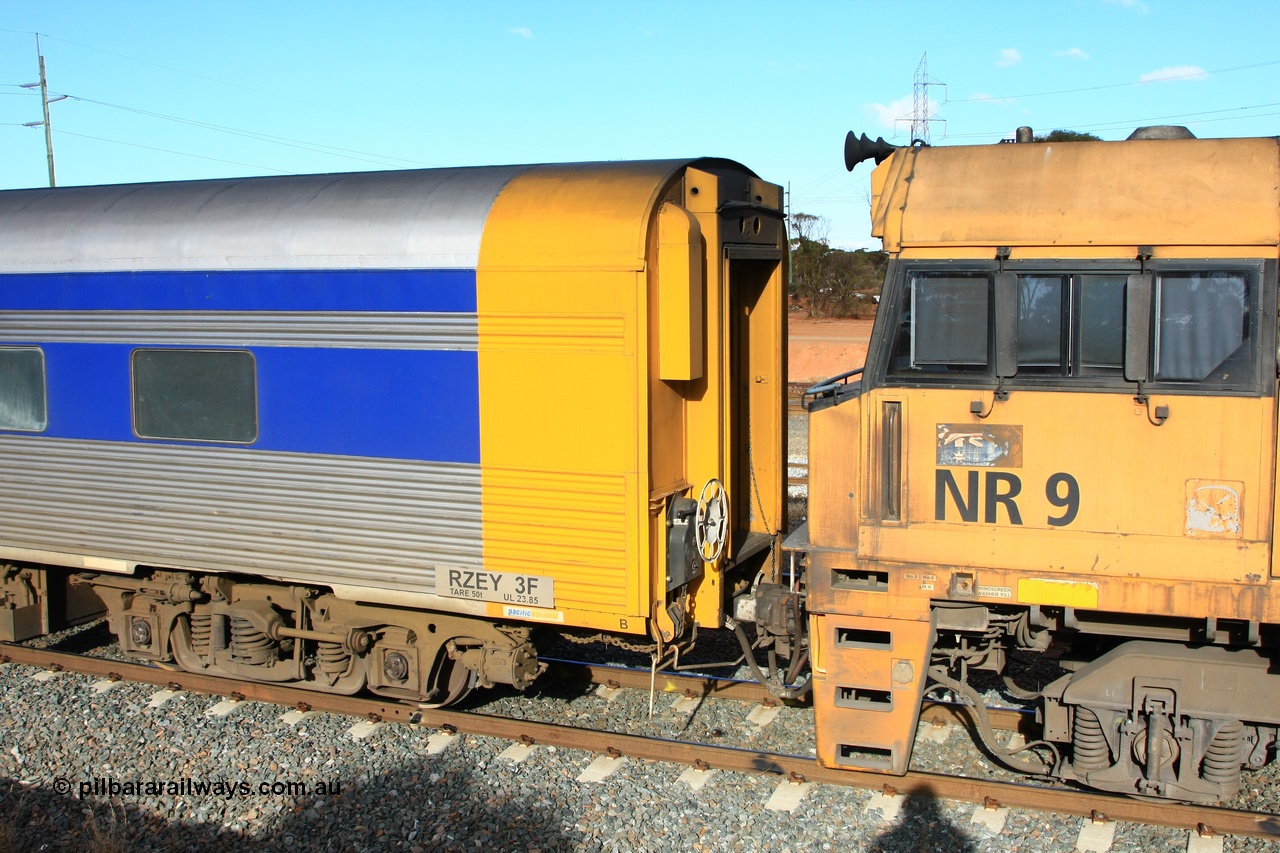 100601 8394
West Kalgoorlie, crew accommodation coach RZEY 3, handbrake end detail and number board view, built by South Australian Railways Islington Workshops in 1956 as Tolkini for The Overland, renamed to Malkari in 1957 then coded JTA 3 in 1987, converted to crew coach in 2007 by Bluebird Rail Operations.
Keywords: RZEY-type;RZEY3;SAR-Islington-WS;JTA-type;JTA3;Tolkini;Malkari;