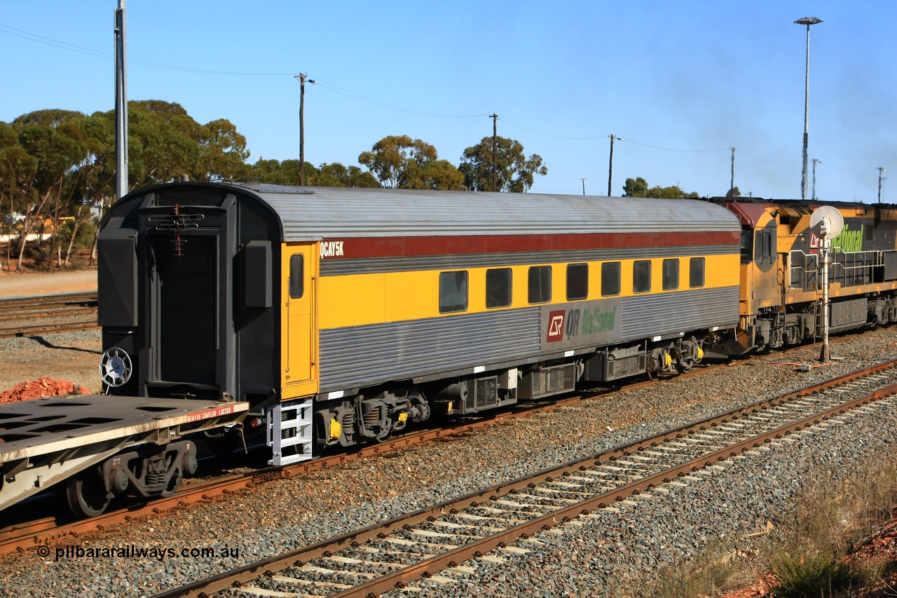 100602 8613
West Kalgoorlie, crew accommodation coach QCAY 5 was built by the South Australian Railways Islington Workshops in 1958 as Juki for The Overland as a corten steel roomette sleeping car. Sold to Blue Bird Rail in 1997, then to Grand Corporate Rail, renamed BMC 2, in 2003 sold to Great Southern Railway and renamed Sir John Forrest. Purchased by Bluebird Rail and converted to crew car and then sold to Queensland Rail.
Keywords: QCAY-type;QCAY5;SAR-Islington-WS;Juki;JRA-type;JRA5;