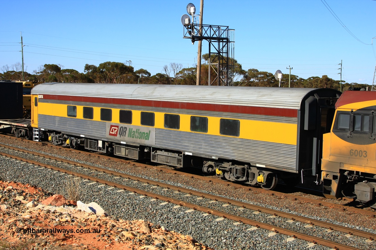 100602 8650
West Kalgoorlie, crew accommodation coach QCAY 5 was built by the South Australian Railways Islington Workshops in 1958 as Juki for The Overland as a corten steel roomette sleeping car. Sold to Blue Bird Rail in 1997, then to Grand Corporate Rail, renamed BMC 2, in 2003 sold to Great Southern Railway and renamed Sir John Forrest. Purchased by Bluebird Rail and converted to crew car and then sold to Queensland Rail.
Keywords: QCAY-type;QCAY5;SAR-Islington-WS;Juki;JRA-type;JRA5;