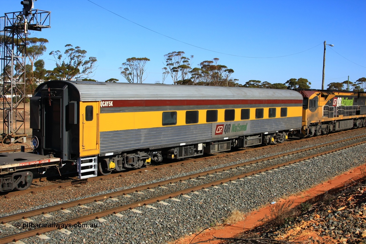 100602 8651
West Kalgoorlie, crew accommodation coach QCAY 5 was built by the South Australian Railways Islington Workshops in 1958 as Juki for The Overland as a corten steel roomette sleeping car. Sold to Blue Bird Rail in 1997, then to Grand Corporate Rail, renamed BMC 2, in 2003 sold to Great Southern Railway and renamed Sir John Forrest. Purchased by Bluebird Rail and converted to crew car and then sold to Queensland Rail.
Keywords: QCAY-type;QCAY5;SAR-Islington-WS;Juki;JRA-type;JRA5;