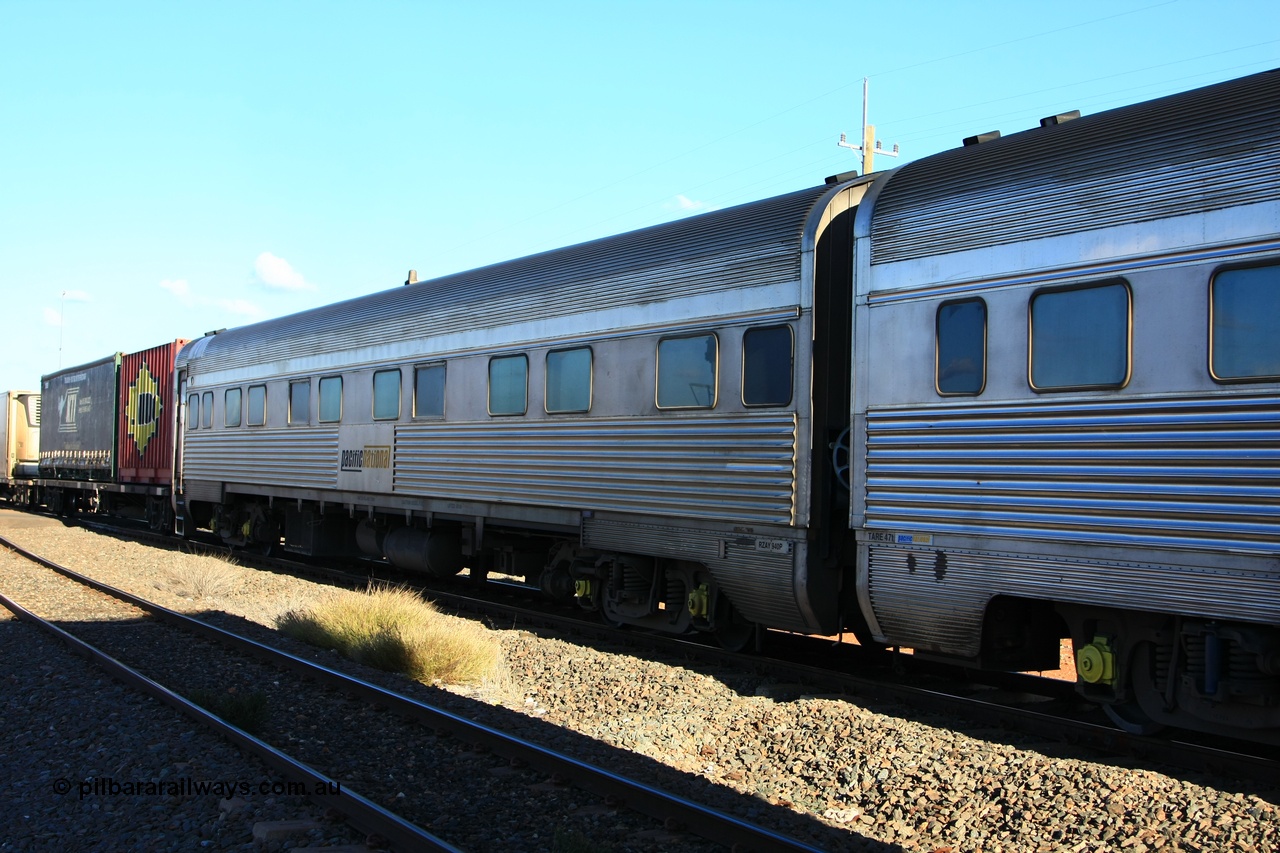 100602 8710
Parkeston, Pacific National RZAY type crew accommodation car RZAY 940 was built by Comeng NSW as an ARJ type stainless steel air conditioned first class roomette sleeping car ARJ 240 in 1968, allocated to the Indian Pacific Joint Stock in 1970, renumbered to ARJ 940 in 1974 and sold to National Rail and converted to crew car in 1997.
Keywords: RZAY-type;RZAY940;Comeng-NSW;ARJ-type;ARJ240;ARJ940;