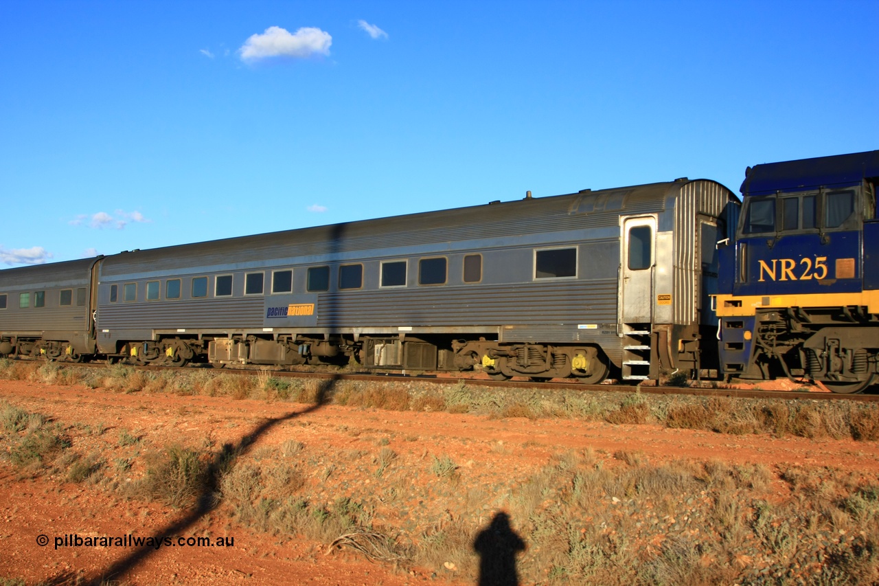 100602 8718
Parkeston, Pacific National RZBY type crew accommodation car RZBY 911, built by Comeng NSW as ER type stainless steel air conditioned crew dormitory car ER 211 in 1969, renumbered to ER 911 in 1974, sold to National Rail and converted to crew car in 1997.
Keywords: RZBY-type;RZBY911;Comeng-NSW;ER-type;ER211;ER911;