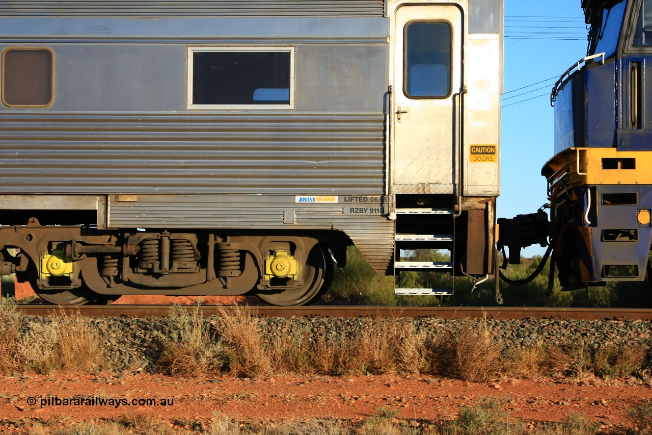 100602 8719
Parkeston, Pacific National RZBY type crew accommodation car RZBY 911, built by Comeng NSW as ER type stainless steel air conditioned crew dormitory car ER 211 in 1969, renumbered to ER 911 in 1974, sold to National Rail and converted to crew car in 1997.
Keywords: RZBY-type;RZBY911;Comeng-NSW;ER-type;ER211;ER911;