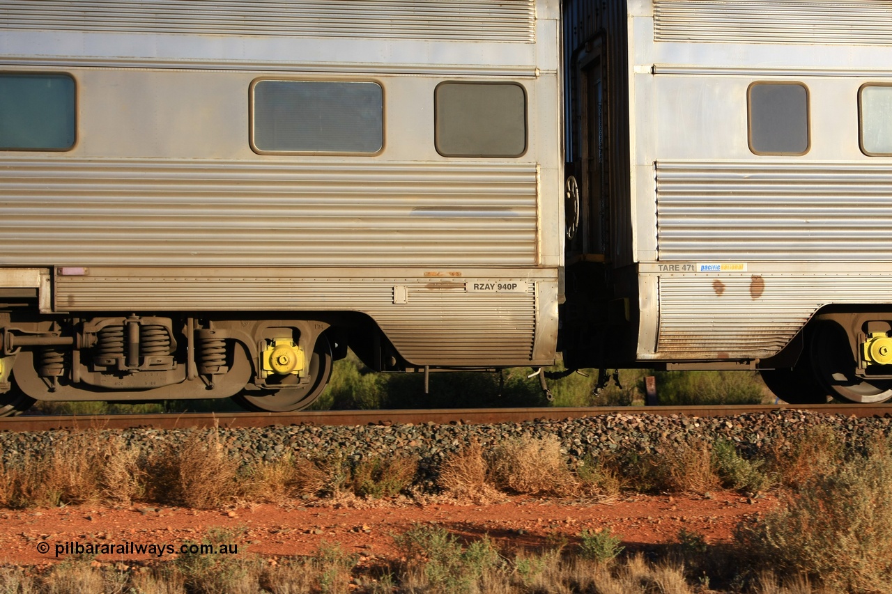 100602 8721
Parkeston, Pacific National RZAY type crew accommodation car RZAY 940 was built by Comeng NSW as an ARJ type stainless steel air conditioned first class roomette sleeping car ARJ 240 in 1968, allocated to the Indian Pacific Joint Stock in 1970, renumbered to ARJ 940 in 1974 and sold to National Rail and converted to crew car in 1997.
Keywords: RZAY-type;RZAY940;Comeng-NSW;ARJ-type;ARJ240;ARJ940;