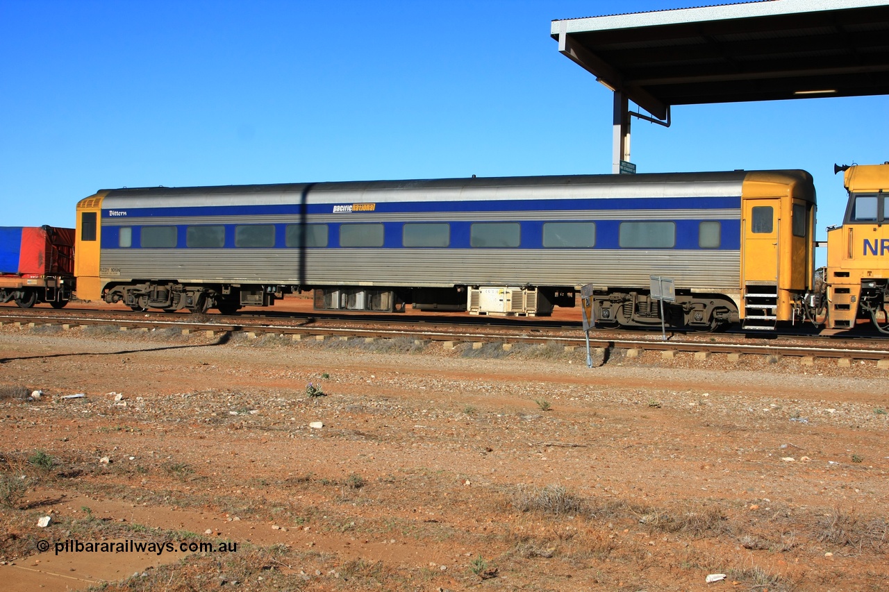 100603 8803
Parkeston; Pacific National RZDY type crew accommodation car RZDY 106 'Bittern' originally built by SAR Islington Workshops as a Bluebird railcar driving trailer in 1958 named 'Britten', in 1986 numbered 106, in 1990 converted to locomotive hauled and coded as BR type BR 106, written off in 1995 and sold off. In 1998 it was numbered 812. It was owned by a number of owners and then CFCLA. In 2006 converted to a Pacific National crew car.
Keywords: RZDY-type;RZDY106;SAR-Islington-WS;Bluebird;106;BR106;812;