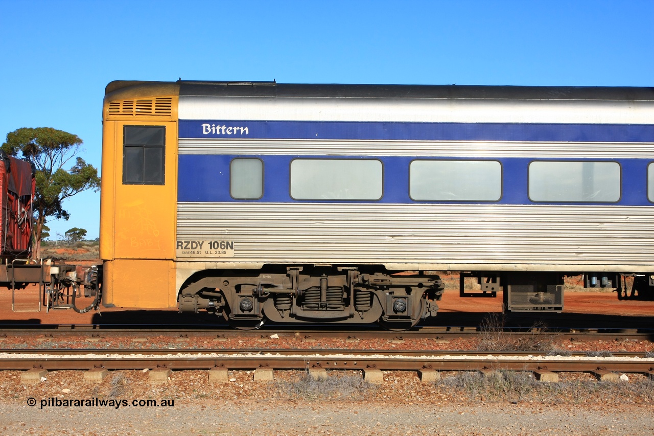 100603 8811
Parkeston; Pacific National RZDY type crew accommodation car RZDY 106 'Bittern' originally built by SAR Islington Workshops as a Bluebird railcar driving trailer in 1958 named 'Britten', in 1986 numbered 106, in 1990 converted to locomotive hauled and coded as BR type BR 106, written off in 1995 and sold off. In 1998 it was numbered 812. It was owned by a number of owners and then CFCLA. In 2006 converted to a Pacific National crew car.
Keywords: RZDY-type;RZDY106;SAR-Islington-WS;Bluebird;106;BR106;812;