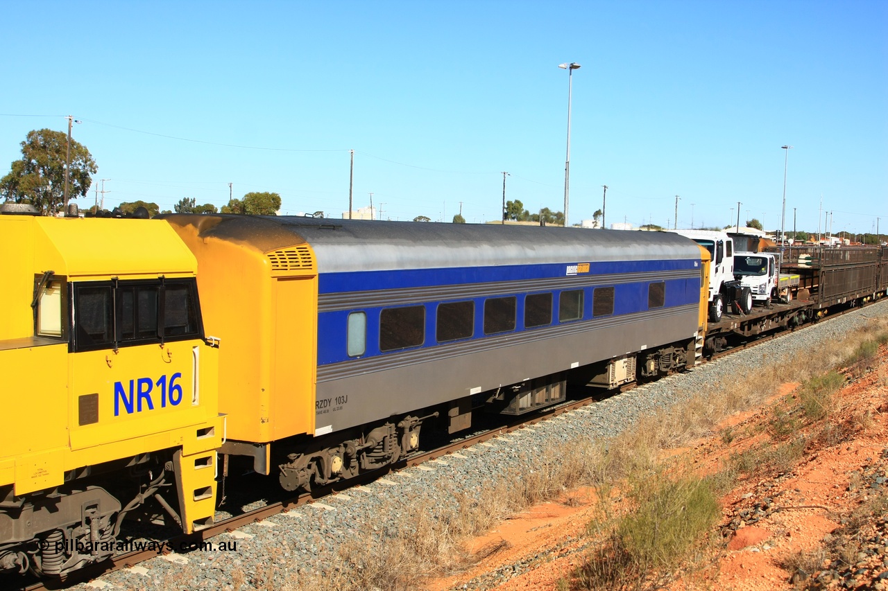 100603 8847
West Kalgoorlie, Pacific National RZDY type crew accommodation car RZDY 103 'Ibis' originally built by SAR Islington Workshops as a Bluebird railcar driving trailer in 1956 named 'Ibis', in 1986 numbered 103, in 1990 converted to locomotive hauled and coded as BR type BR 103, written off in 1995 and sold off. It was owned by a number of owners and finally in 2006 converted to a Pacific National crew car.
Keywords: RZDY-type;RZDY103;SAR-Islington-WS;Bluebird;103;BR103;
