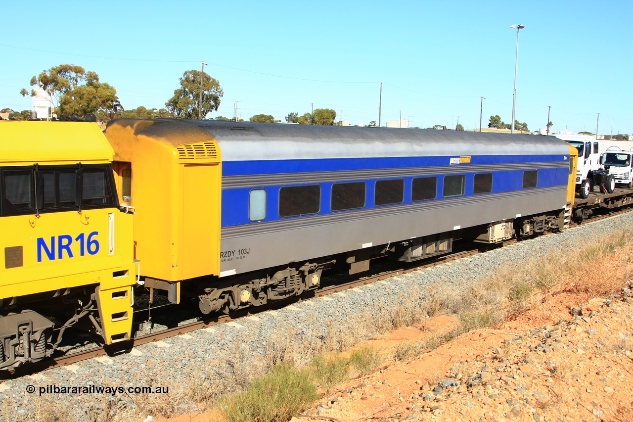 100603 8848
West Kalgoorlie, Pacific National RZDY type crew accommodation car RZDY 103 'Ibis' originally built by SAR Islington Workshops as a Bluebird railcar driving trailer in 1956 named 'Ibis', in 1986 numbered 103, in 1990 converted to locomotive hauled and coded as BR type BR 103, written off in 1995 and sold off. It was owned by a number of owners and finally in 2006 converted to a Pacific National crew car.
Keywords: RZDY-type;RZDY103;SAR-Islington-WS;Bluebird;103;BR103;