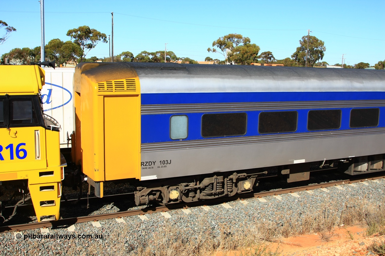 100603 8849
West Kalgoorlie, Pacific National RZDY type crew accommodation car RZDY 103 'Ibis' originally built by SAR Islington Workshops as a Bluebird railcar driving trailer in 1956 named 'Ibis', in 1986 numbered 103, in 1990 converted to locomotive hauled and coded as BR type BR 103, written off in 1995 and sold off. It was owned by a number of owners and finally in 2006 converted to a Pacific National crew car.
Keywords: RZDY-type;RZDY103;SAR-Islington-WS;Bluebird;103;BR103;