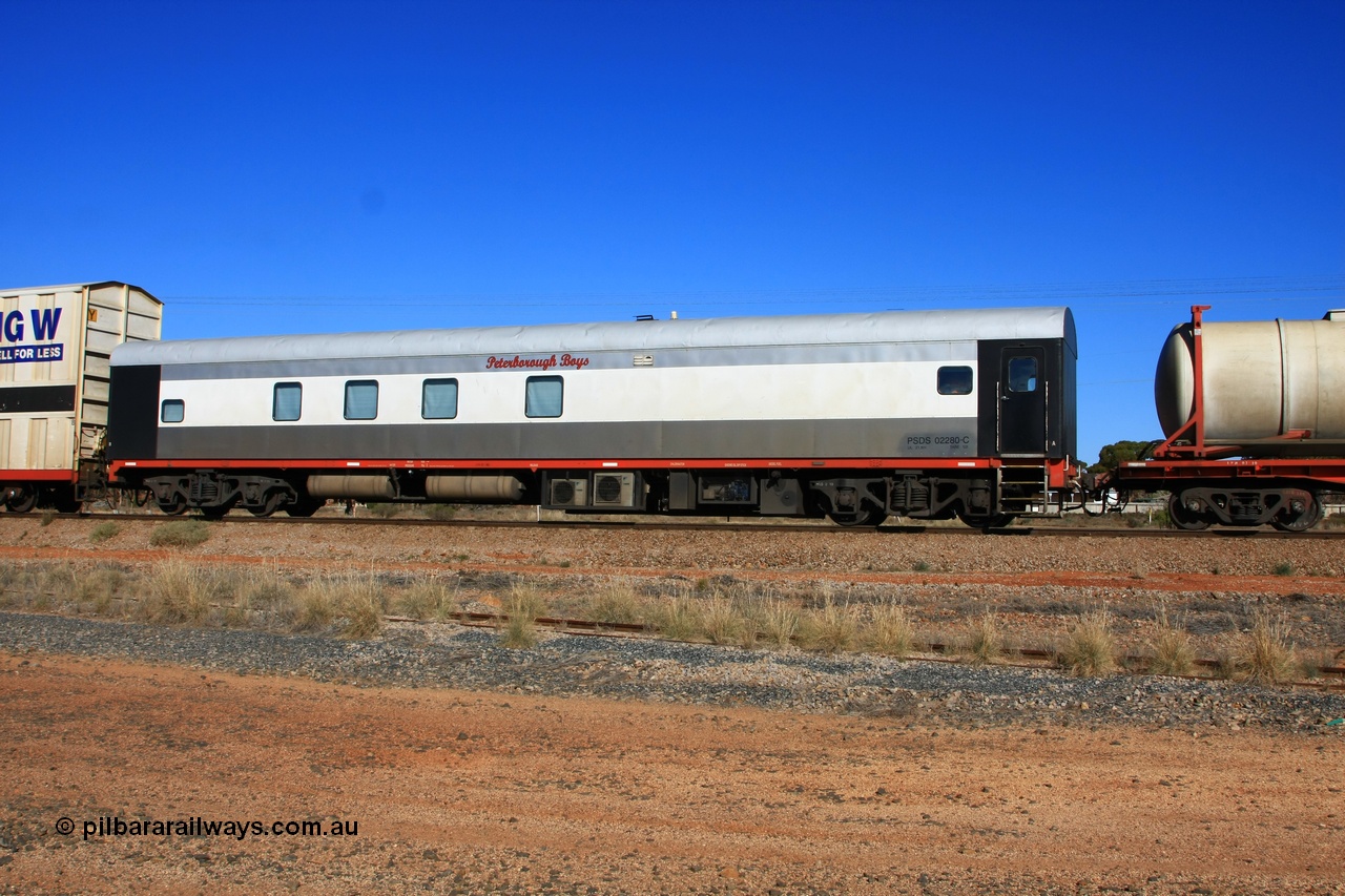 100603 8963
Parkeston, SCT crew accommodation coach PSDS type PSDS 02280 'Peterborough Boys' converted by Gemco WA in 2008 from former Comeng NSW built SDS class sitting car SDS 2280 for the NSWGR.
Keywords: PSDS-type;PSDS02280;Comeng-NSW;SDS-class;