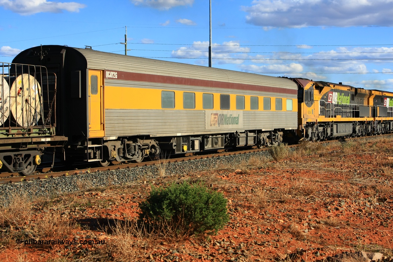100603 9049
West Kalgoorlie, crew accommodation coach QCAY 2 was built by the South Australian Railways Islington Workshops in 1958 as Chalaki for The Overland as a corten steel roomette sleeping car. Purchased by Bluebird Rail in 2007 and converted to crew car for Queensland Rail ~2010.
Keywords: QCAY-type;QCAY2;SAR-Islington-WS;Chalaki;JRA-type;JRA2;