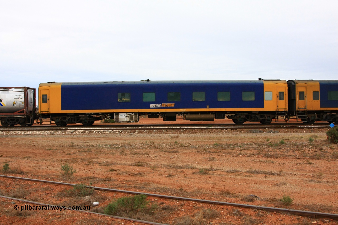 100605 9070
Midland, Pacific National crew accommodation coach BRS 222, built by Victorian Railways Newport Workshops in 1952 as AS 16 First class, to BRS 2, then BS 222. Leased and then sold to West Coast Rail in 1995, and then sold to Pacific National in 2004.
Keywords: BRS-type;BRS222;Victorian-Railways-Newport-WS;AS-type;AS16;BRS-type;BRS2;BS-type;BS222;