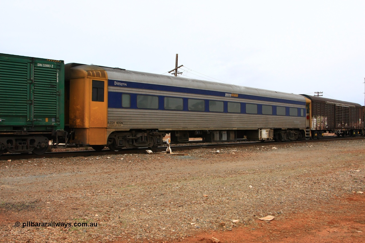 100605 9083
Parkeston; Pacific National RZDY type crew accommodation car RZDY 106 'Bittern' originally built by SAR Islington Workshops as a Bluebird railcar driving trailer in 1958 named 'Britten', in 1986 numbered 106, in 1990 converted to locomotive hauled and coded as BR type BR 106, written off in 1995 and sold off. In 1998 it was numbered 812. It was owned by a number of owners and then CFCLA. In 2006 converted to a Pacific National crew car.
Keywords: RZDY-type;RZDY106;SAR-Islington-WS;Bluebird;106;BR106;812;