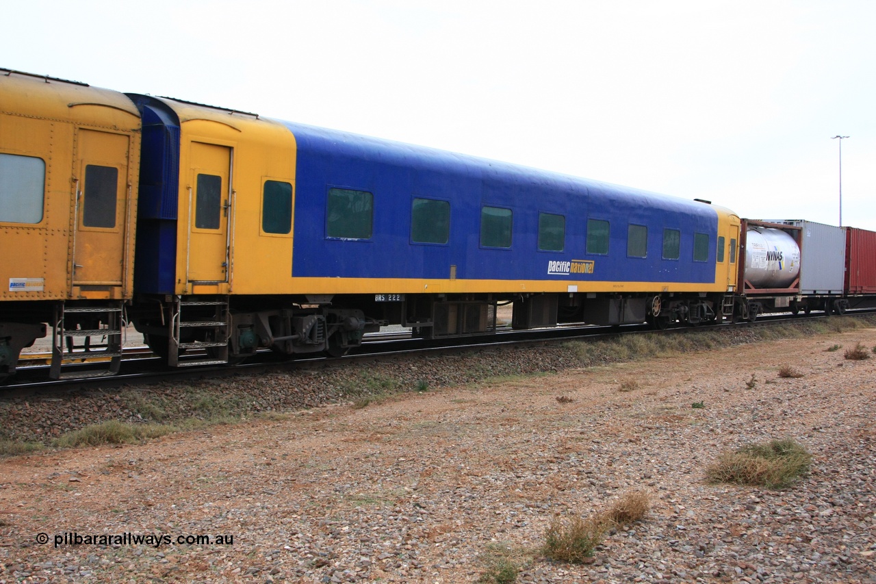 100605 9088
Midland, Pacific National crew accommodation coach BRS 222, built by Victorian Railways Newport Workshops in 1952 as AS 16 First class, to BRS 2, then BS 222. Leased and then sold to West Coast Rail in 1995, and then sold to Pacific National in 2004.
Keywords: BRS-type;BRS222;Victorian-Railways-Newport-WS;AS-type;AS16;BRS-type;BRS2;BS-type;BS222;