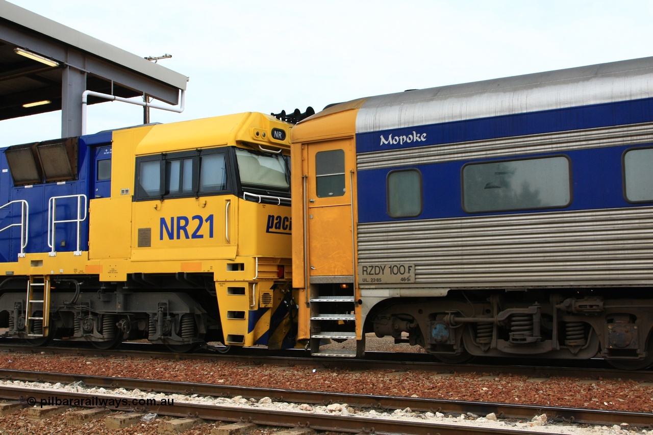 100605 9143
Parkeston, Pacific National RZDY type crew accommodation car RZDY 100 'MOPOKE', started life as a Bluebird railcar driving trailer built by South Australian Railways Islington Workshops in 1955 as Mopoke. In 1986 coded 100, then to 107, in 2001 renumbered 100 and named 'Cabernet'. Converted to crew car for Pacific National as RZDY in 2006 at Islington workshops.
Keywords: RZDY-type;RZDY100;SAR-Islington-WS;Bluebird;Mopoke;Cabernet;