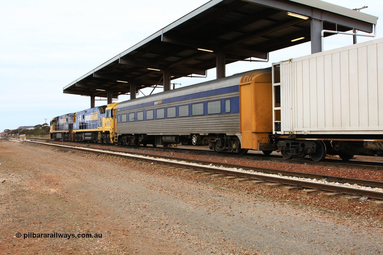 100605 9144
Parkeston, Pacific National RZDY type crew accommodation car RZDY 100 'MOPOKE', started life as a Bluebird railcar driving trailer built by South Australian Railways Islington Workshops in 1955 as Mopoke. In 1986 coded 100, then to 107, in 2001 renumbered 100 and named 'Cabernet'. Converted to crew car for Pacific National as RZDY in 2006 at Islington workshops.
Keywords: RZDY-type;RZDY100;SAR-Islington-WS;Bluebird;Mopoke;Cabernet;