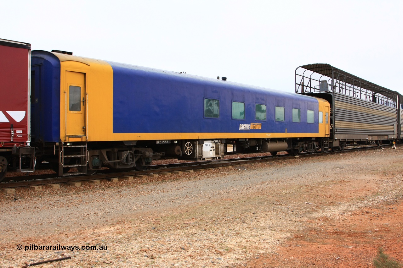 100605 9218
Midland, Pacific National crew accommodation coach BRS 222, built by Victorian Railways Newport Workshops in 1952 as AS 16 First class, to BRS 2, then BS 222. Leased and then sold to West Coast Rail in 1995, and then sold to Pacific National in 2004.
Keywords: BRS-type;BRS222;Victorian-Railways-Newport-WS;AS-type;AS16;BRS-type;BRS2;BS-type;BS222;