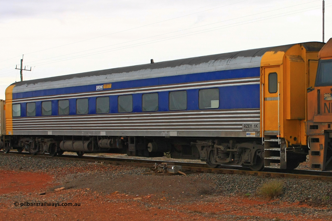 100606 9452
Parkeston, Pacific National crew car RZEY type RZEY 1 was built by the South Australian Railways Islington Workshops in 1958 as Mururi for The Overland as a corten steel roomette sleeping car, coded JRA 1 in 1987, loaned to V/Line in 1992 for the Vinelander, scrapped in 1995 and sold to International Development Services, 1998 sold to West Coast Rail, sold to Australian Locomotive and Railway Carriage Company in 2004, then rebuilt into crew car by BlueBird Rail Operations in 2007.
Keywords: RZEY-type;RZEY1;SAR-Islington-WS;JRA-type;JRA1;Mururi;