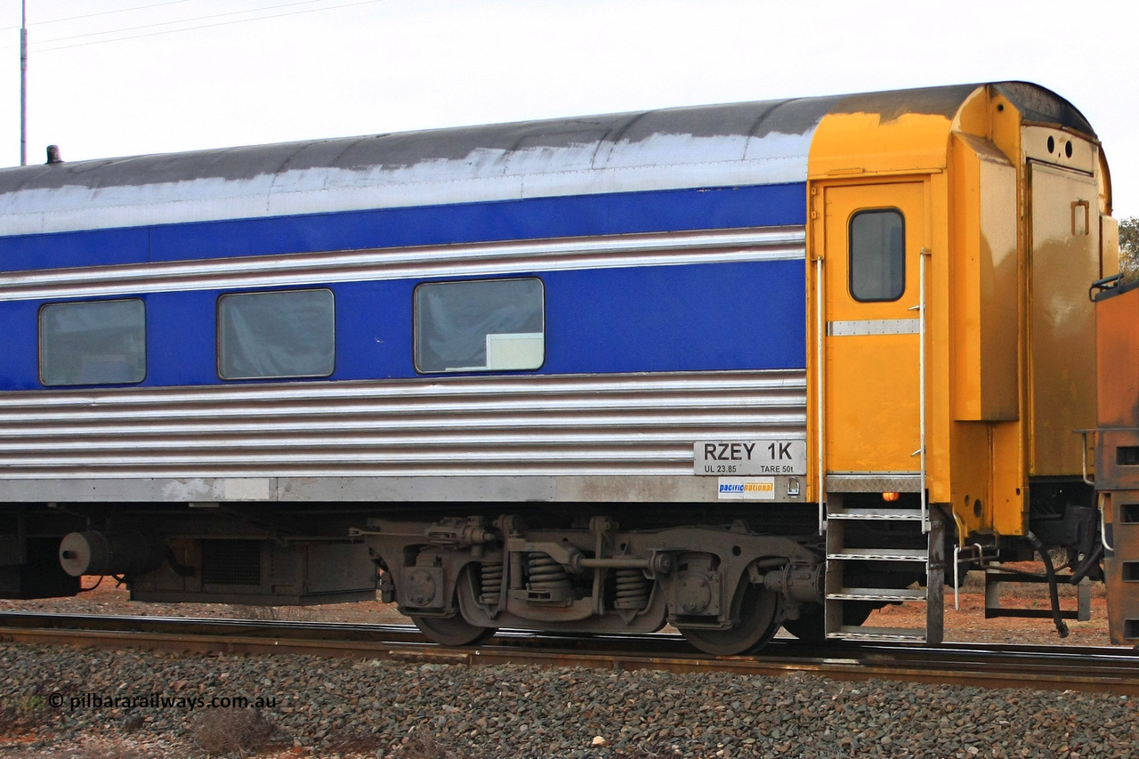 100606 9453
Parkeston, Pacific National crew car RZEY type RZEY 1 was built by the South Australian Railways Islington Workshops in 1958 as Mururi for The Overland as a corten steel roomette sleeping car, coded JRA 1 in 1987, loaned to V/Line in 1992 for the Vinelander, scrapped in 1995 and sold to International Development Services, 1998 sold to West Coast Rail, sold to Australian Locomotive and Railway Carriage Company in 2004, then rebuilt into crew car by BlueBird Rail Operations in 2007.
Keywords: RZEY-type;RZEY1;SAR-Islington-WS;JRA-type;JRA1;Mururi;