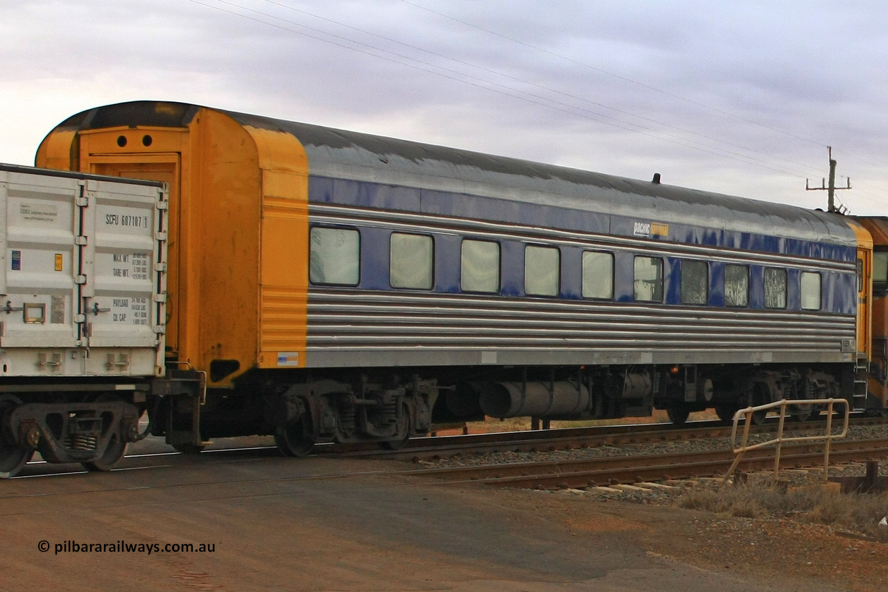 100606 9455
Parkeston, Pacific National crew car RZEY type RZEY 1 was built by the South Australian Railways Islington Workshops in 1958 as Mururi for The Overland as a corten steel roomette sleeping car, coded JRA 1 in 1987, loaned to V/Line in 1992 for the Vinelander, scrapped in 1995 and sold to International Development Services, 1998 sold to West Coast Rail, sold to Australian Locomotive and Railway Carriage Company in 2004, then rebuilt into crew car by BlueBird Rail Operations in 2007.
Keywords: RZEY-type;RZEY1;SAR-Islington-WS;JRA-type;JRA1;Mururi;