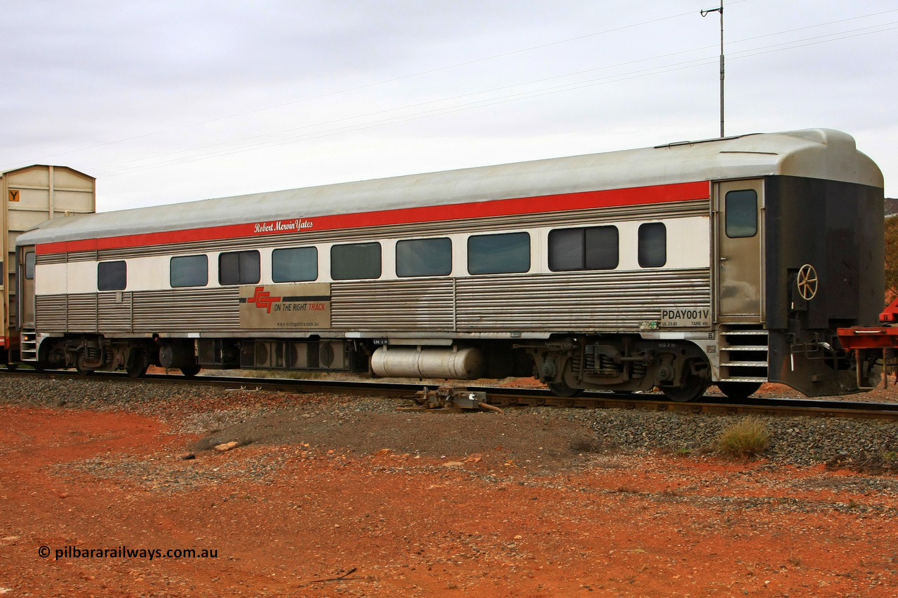 100606 9476
Parkeston, SCT PDAY type crew accommodation car PDAY 001 'Robert Mervin Yates', built by SAR Islington Workshops as a 250 type Bluebird second class railcar number 253 and named 'Pelican' in 1955, written off in 1995 and sold and eventually converted to a crew car by Bluebird Rail Services in 2005.
Keywords: PDAY-type;PDAY001;SAR-Islington-WS;Bluebird;250-type;
