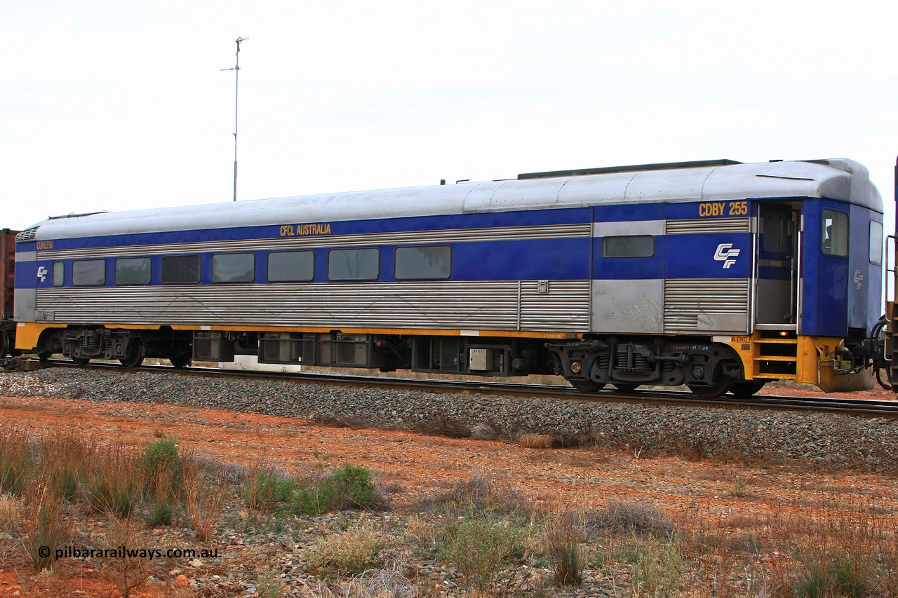 100606 9590
Golden Ridge, CFCLA leased crew accommodation coach CDBY type CDBY 255 'Curlew', originally built by SAR Islington Workshops in 1956 as a Bluebird railcar 'Curlew', later numbered 802 in National Rail service, then to CDBY 255 when converted to crew coach in 2007.
Keywords: CDBY-type;CDBY255;SAR-Islington-WS;Bluebird;250-type;