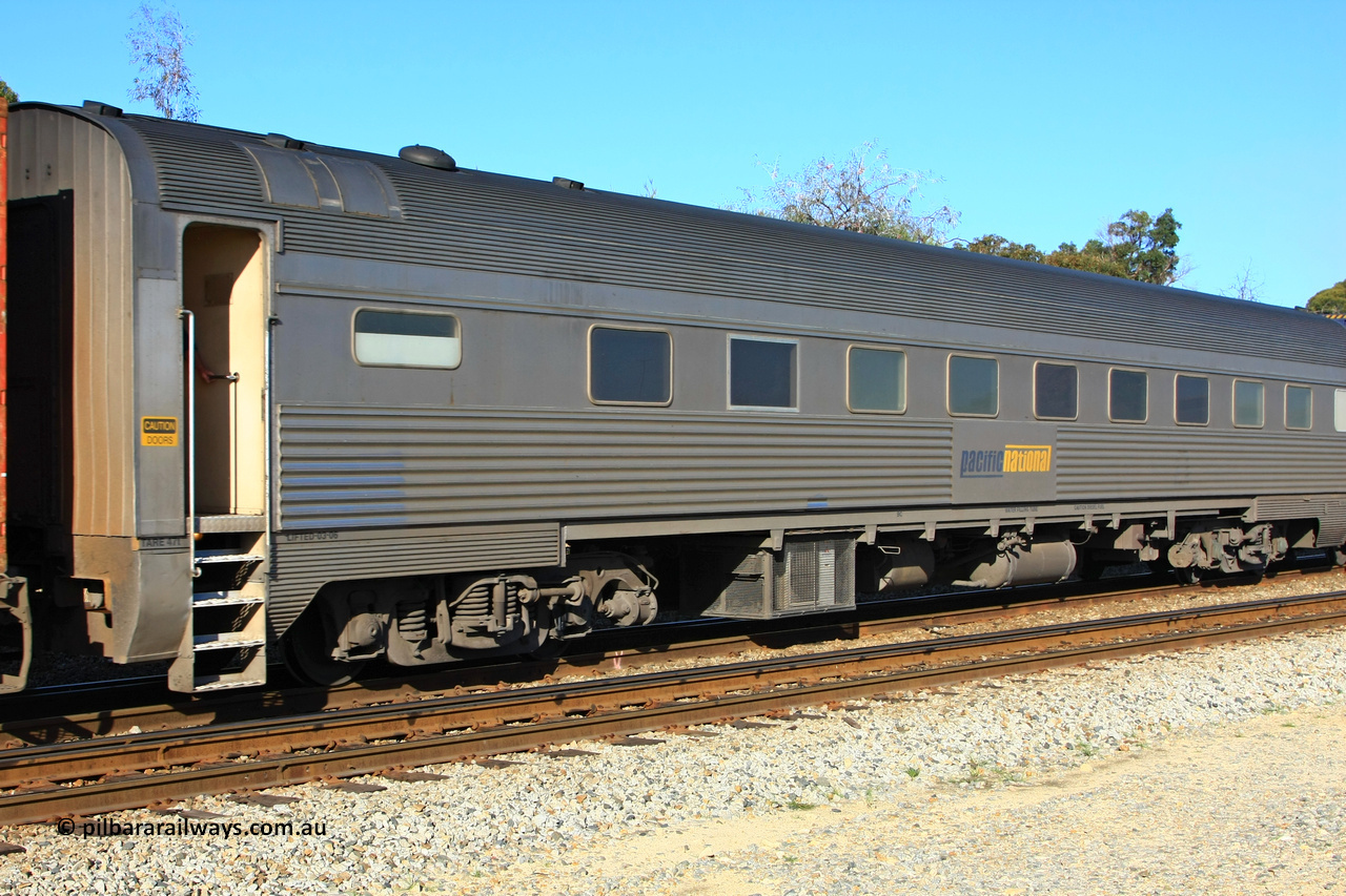 100608 9804
Midland, Pacific National RZBY type crew accommodation car RZBY 910, built by Comeng NSW as ER type stainless steel air conditioned crew dormitory car ER 210 in 1969, renumbered to ER 911 in 1974, sold to National Rail and converted to crew car in 1997.
Keywords: RZBY-type;RZBY910;Comeng-NSW;ER-type;ER210;ER910;