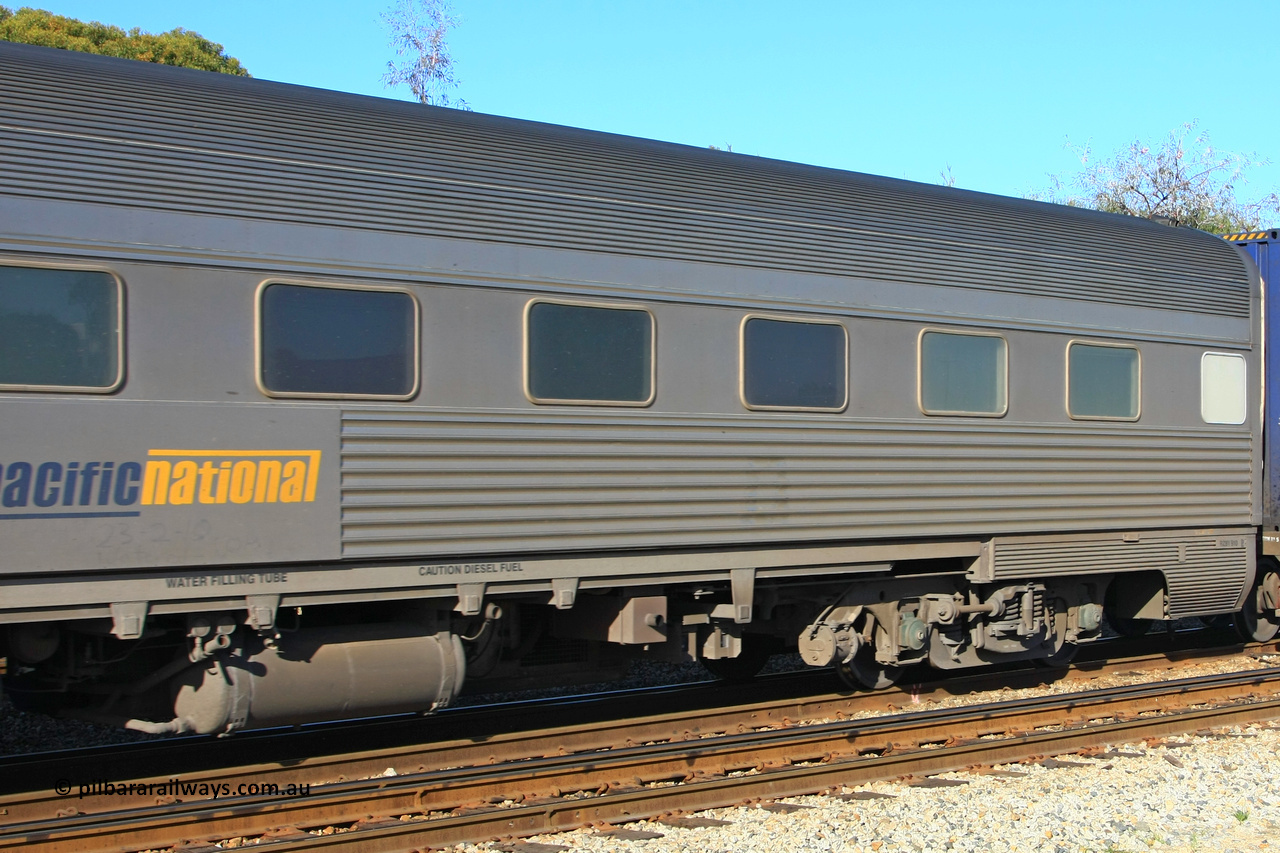 100608 9805
Midland, Pacific National RZBY type crew accommodation car RZBY 910, built by Comeng NSW as ER type stainless steel air conditioned crew dormitory car ER 210 in 1969, renumbered to ER 911 in 1974, sold to National Rail and converted to crew car in 1997.
Keywords: RZBY-type;RZBY910;Comeng-NSW;ER-type;ER210;ER910;