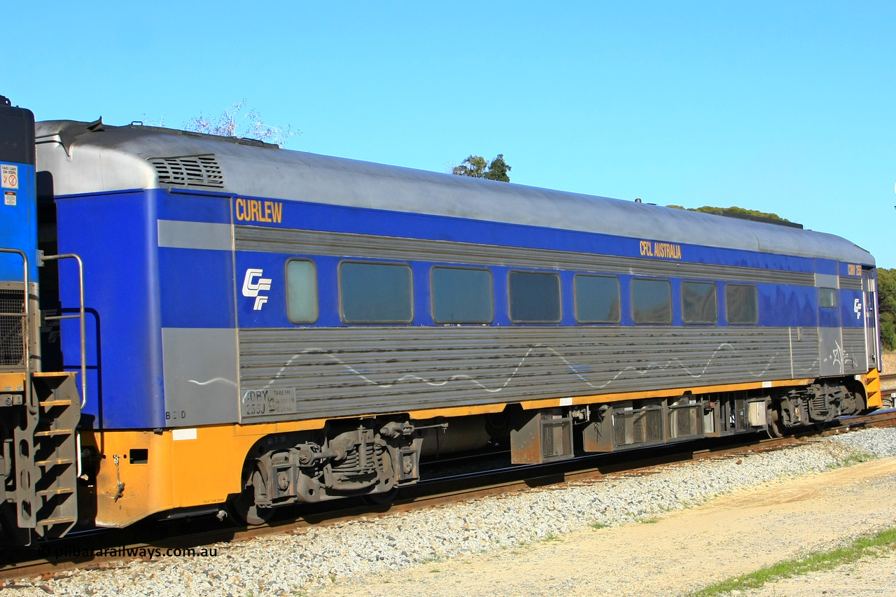 100608 9812
Forrestfield, CFCLA leased crew accommodation coach CDBY type CDBY 255 'Curlew', originally built by SAR Islington Workshops in 1956 as a Bluebird railcar 'Curlew', later numbered 802 in National Rail service, then to CDBY 255 when converted to crew coach in 2007.
Keywords: CDBY-type;CDBY255;SAR-Islington-WS;Bluebird;250-type;
