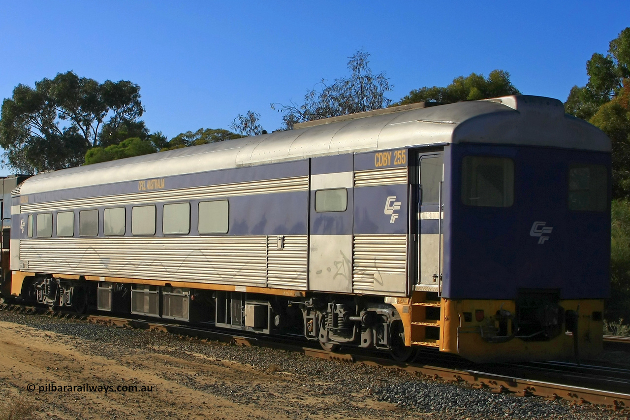 100608 9814
Forrestfield, CFCLA leased crew accommodation coach CDBY type CDBY 255 'Curlew', originally built by SAR Islington Workshops in 1956 as a Bluebird railcar 'Curlew', later numbered 802 in National Rail service, then to CDBY 255 when converted to crew coach in 2007.
Keywords: CDBY-type;CDBY255;SAR-Islington-WS;Bluebird;250-type;