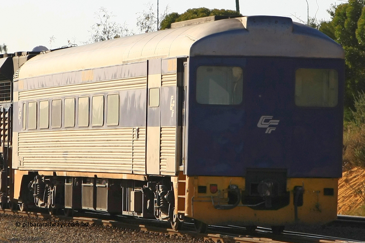 100608 9815
Forrestfield, CFCLA leased crew accommodation coach CDBY type CDBY 255 'Curlew', originally built by SAR Islington Workshops in 1956 as a Bluebird railcar 'Curlew', later numbered 802 in National Rail service, then to CDBY 255 when converted to crew coach in 2007.
Keywords: CDBY-type;CDBY255;SAR-Islington-WS;Bluebird;250-type;