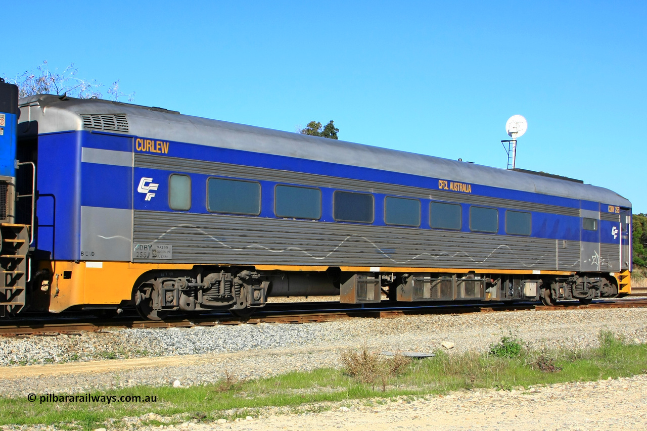 100608 9816
Forrestfield, CFCLA leased crew accommodation coach CDBY type CDBY 255 'Curlew', originally built by SAR Islington Workshops in 1956 as a Bluebird railcar 'Curlew', later numbered 802 in National Rail service, then to CDBY 255 when converted to crew coach in 2007.
Keywords: CDBY-type;CDBY255;SAR-Islington-WS;Bluebird;250-type;