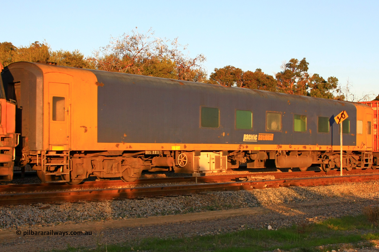 100608 9891
Forrestfield, Pacific National BRS type crew accommodation coach BRS 223, originally built by Victorian Railways Newport Workshops in March 1949 as an AS type first class sitting car for the Spirit of Progress AS 12, in July 1952 converted to ABS type first and second class Spirit of Progress car ABS 1, in October 1972 reverted to AS 1, in June 1983 converted to a combined sitting accommodation and a mini refreshment service as BRS type BRS 3, then in September 1985 renumbered to BRS 223. Sold to West Coast Railway mid 1990s, converted to crew car after 2005.
Keywords: BRS-type;BRS223;Victorian-Railways-Newport-WS;AS-type;AS12;ABS-type;ABS1;BRS-type;BRS3;
