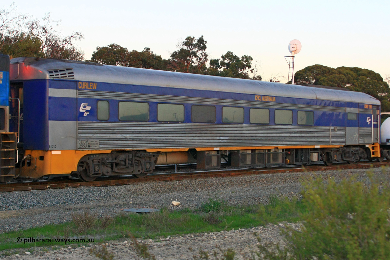100608 9912
Forrestfield, CFCLA leased crew accommodation coach CDBY type CDBY 255 'Curlew', originally built by SAR Islington Workshops in 1956 as a Bluebird railcar 'Curlew', later numbered 802 in National Rail service, then to CDBY 255 when converted to crew coach in 2007.
Keywords: CDBY-type;CDBY255;SAR-Islington-WS;Bluebird;250-type;