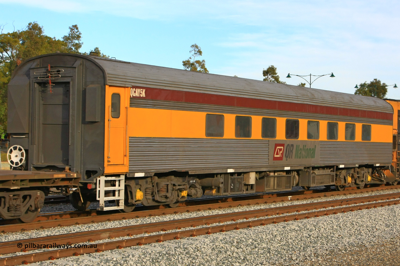 100611 0400
Midland, crew accommodation coach QCAY 5 was built by the South Australian Railways Islington Workshops in 1958 as Juki for The Overland as a corten steel roomette sleeping car. Sold to Blue Bird Rail in 1997, then to Grand Corporate Rail, renamed BMC 2, in 2003 sold to Great Southern Railway and renamed Sir John Forrest. Purchased by Bluebird Rail and converted to crew car and then sold to Queensland Rail.
Keywords: QCAY-type;QCAY5;SAR-Islington-WS;Juki;JRA-type;JRA5;