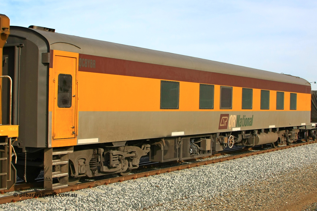 100611 0471
Midland, QR National / Aurizon QCBY type crew accommodation car QCBY 8, built by Victorian Railways Newport Workshops in 1955 as BS type Second Class Sitting Car BS 8, renumbered in 1984 to BS 208. Sold to West Coast Railway in 1995, then in 2004 to Queensland Rail [Aurizon] and converted to a crew car. Car ended up in SCT ownership in 2020.
Keywords: QCBY-type;QCBY8;Victorian-Railways-Newport-WS;BS-type;BS8;BS208;
