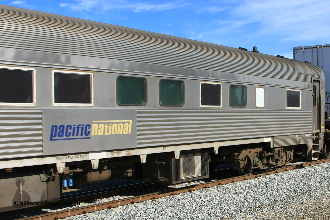 100611 0526
Midland, Pacific National RZBY type crew accommodation car RZBY 208 on train 4PM6, built by Comeng NSW as ER type stainless steel air conditioned crew dormitory car ER 208 in 1969, sold to National Rail and converted to crew car in 1997.
Keywords: RZBY-type;RZBY208;Comeng-NSW;ER-type;