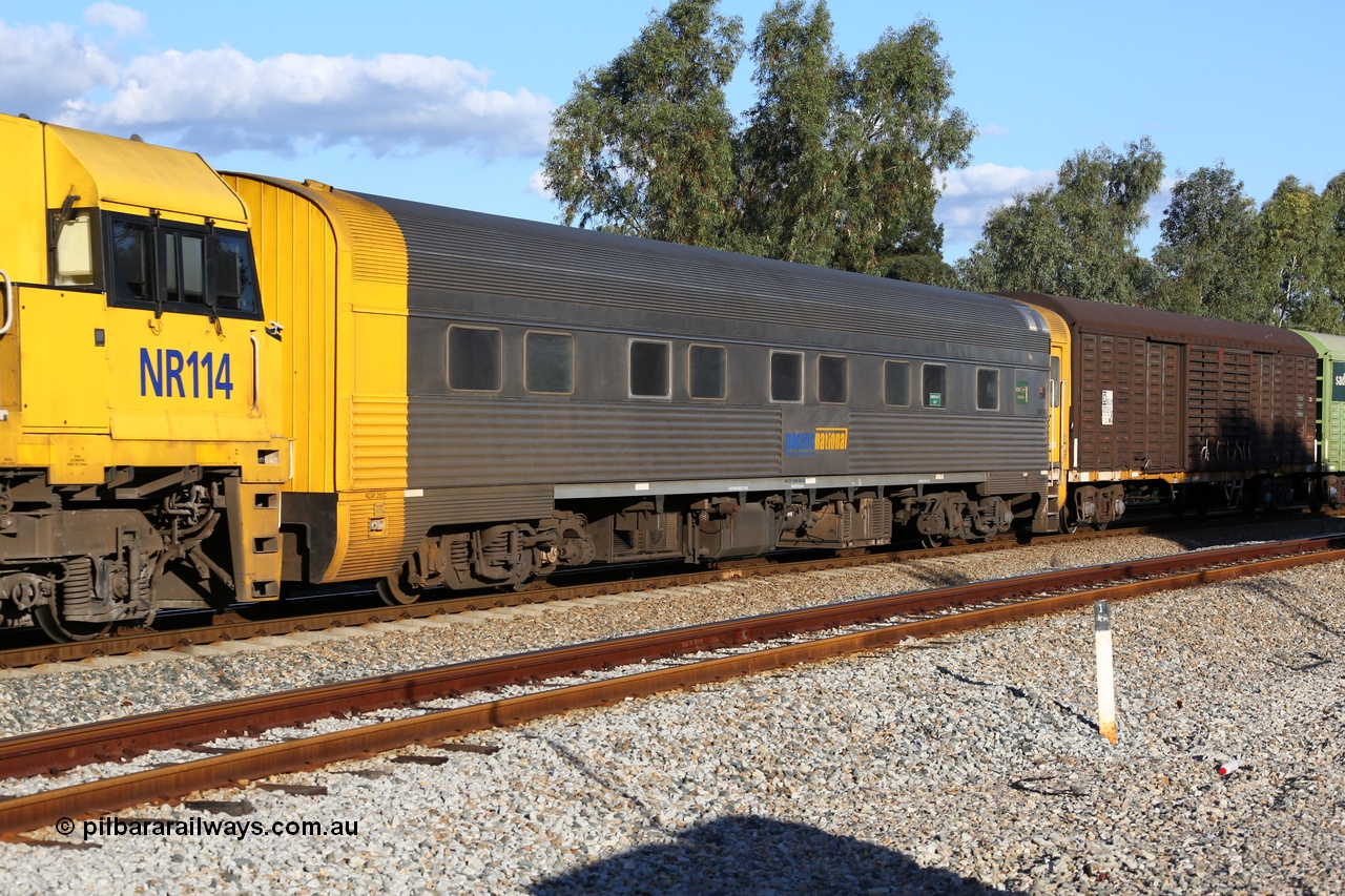 150530 8337
Woodbridge, Pacific National RZAY type crew accommodation car RZAY 283 was built by Comeng NSW as an ARJ type stainless steel air conditioned first class roomette sleeping car ARJ 283 in 1972, sold to National Rail and converted to a crew car in 1997. Destroyed at the Jumperkine collision in December 2019.
Keywords: RZAY-type;RZAY283;Comeng-NSW;ARJ-type;ARJ283;